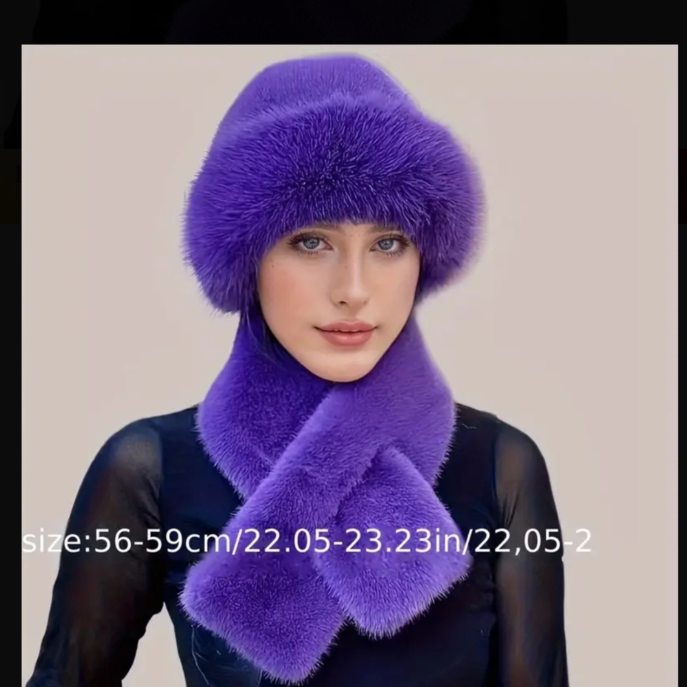 Purple Fur Hat and Scarf Set